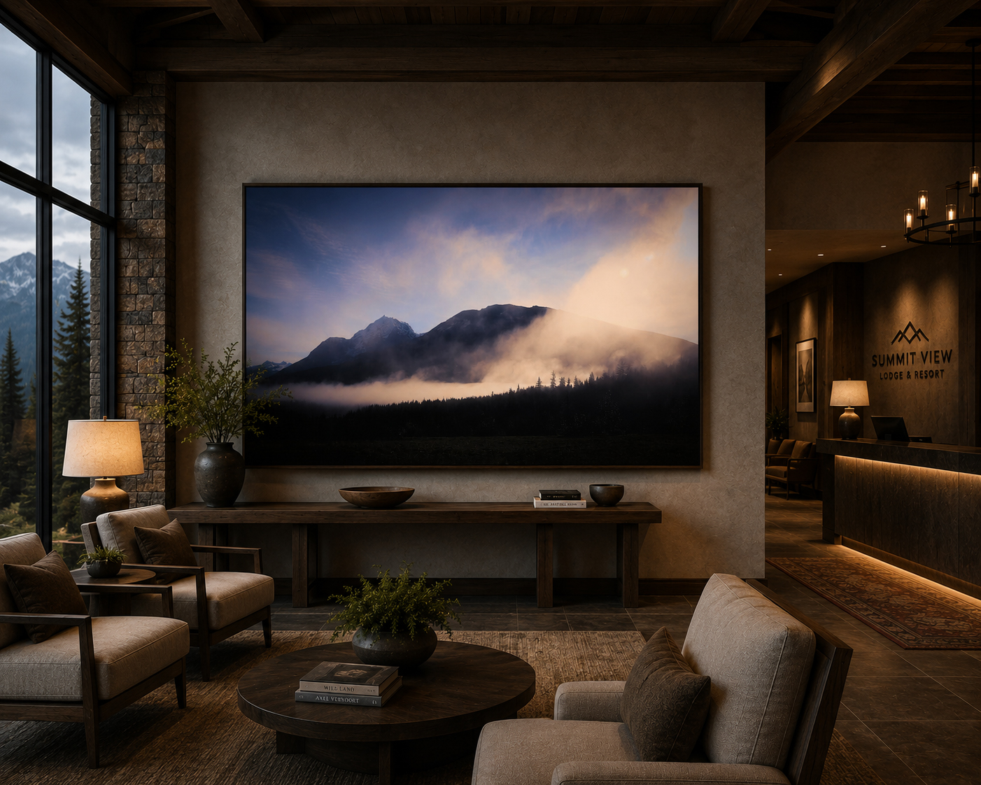 Ethereal Mountain Light in Alaska shown in a luxury mountain lodge lobby